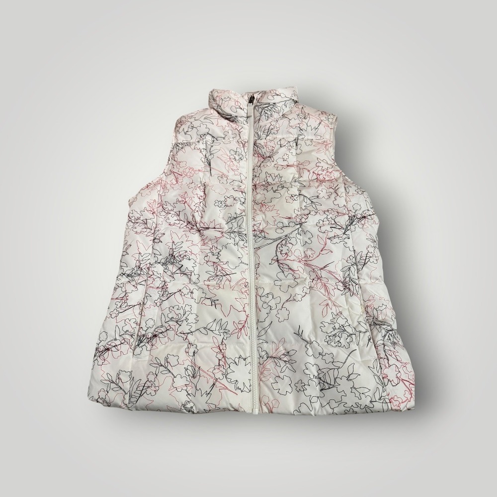 Lands' End Puffer Vest Women Medium White Floral Down Filled Quilted